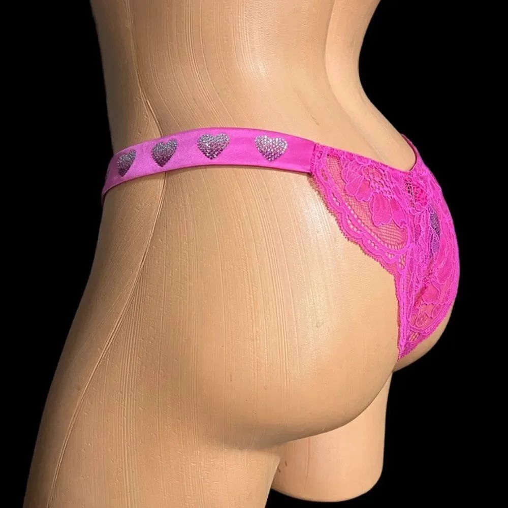 Victorias Secret Very Sexy floral Lace Shine Strap Hearts Brazilian Panty Pink M